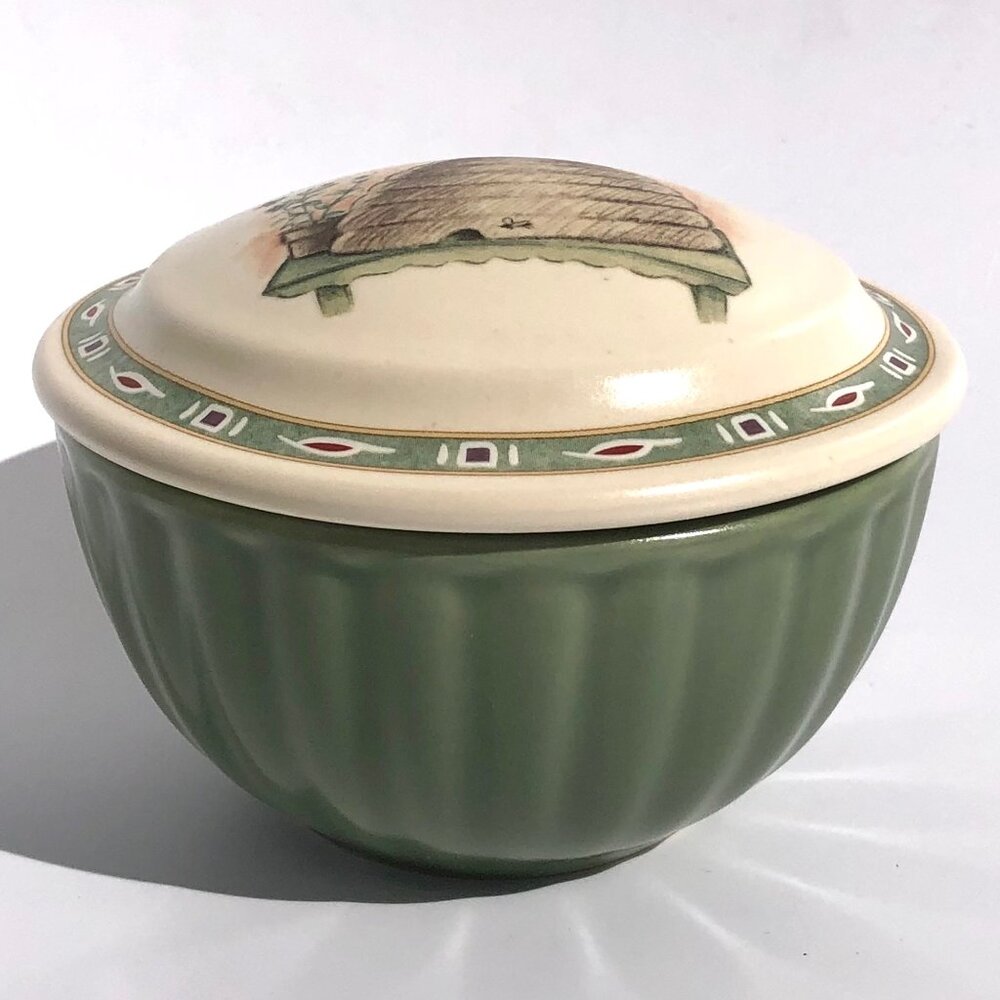 Pfaltzgraff Naturewood Votive Candle Bowl Trinket Dish Lid Beehive Bee Green 592 - Picture 4 of 16